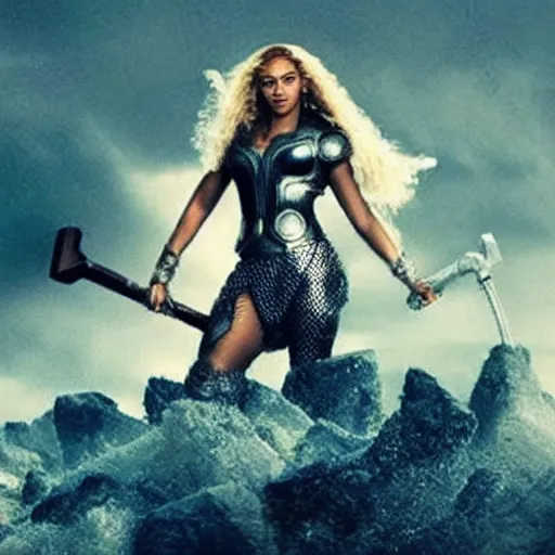 Image similar to beyonce as thor movie frame, mcu