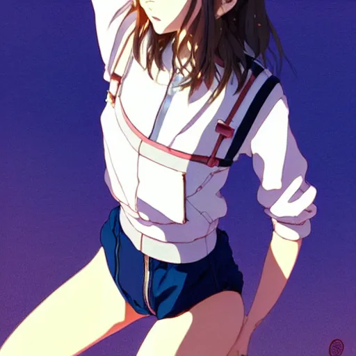 Image similar to a beautiful! boyish! natalie portman alluring gravure! model, wearing oversized mayan bomber jacket and leotard with overalls, bulky poofy bomber jacket with mayan patterns, gapmoe yandere grimdark, trending on pixiv fanbox, painted by greg rutkowski makoto shinkai takashi takeuchi studio ghibli, akihiko yoshida