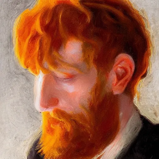 Prompt: highly detailed portrait of a ginger mans face who has had a plate spaghetti bolognese tipped all over his head artstation, 8 k, sfx, john singer sargent.