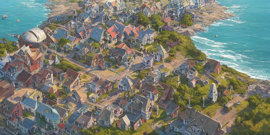 Prompt: quaint seaside village landscape as seen from above, no people, pokemon sword and sheild, bright future, social realism, highly detailed, digital painting, artstation, concept art, matte, sharp focus, illustration, art by artgerm and greg rutkowski and alphonse mucha