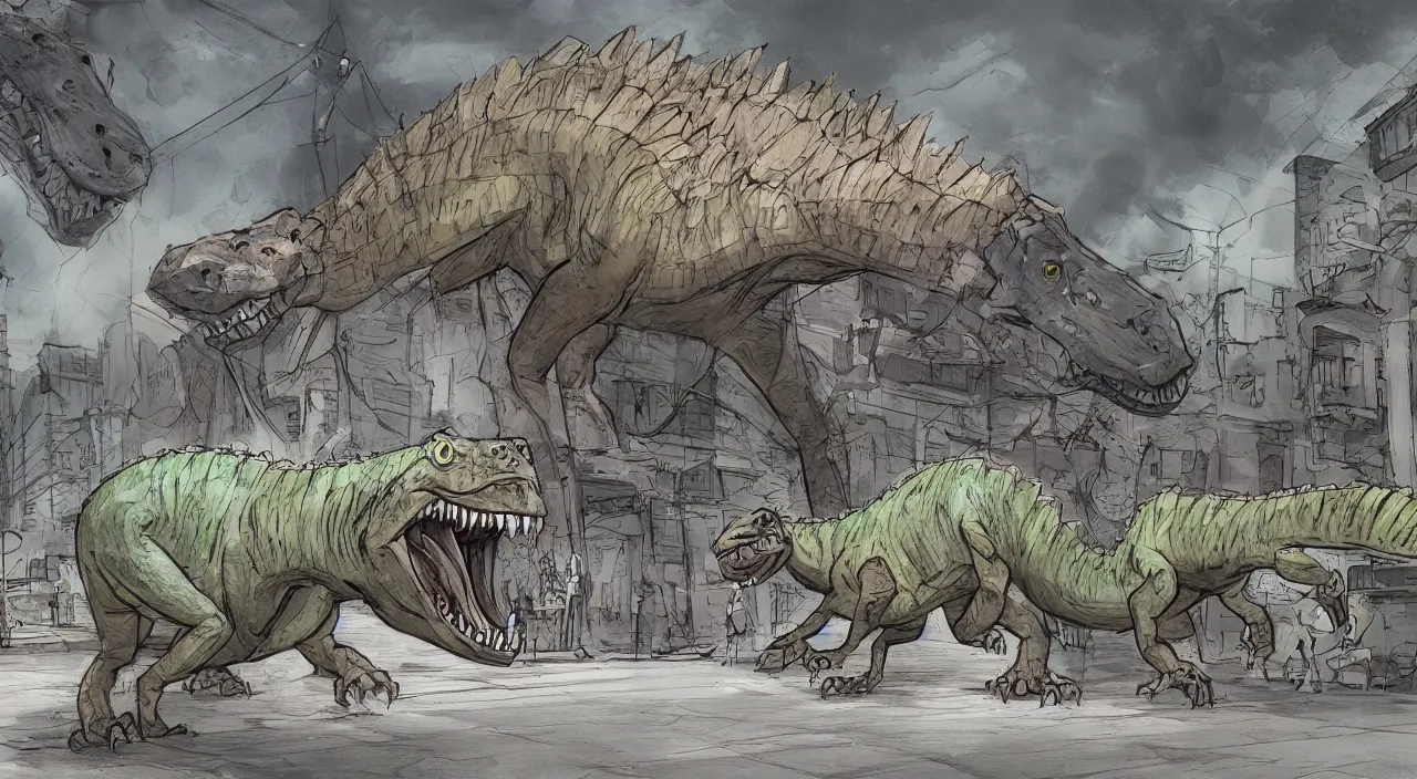 Prompt: weredinosaur changes form on busy sidewalk , concept art, cinematic