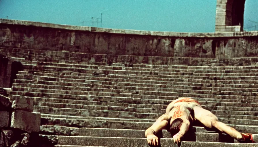 Prompt: 1 9 6 0 s movie still close - up of caligula laying dead on the ancient amphitheater's stairs blood flaque, cinestill 8 0 0 t 3 5 mm, high quality, heavy grain, high detail, dramatic light, anamorphic