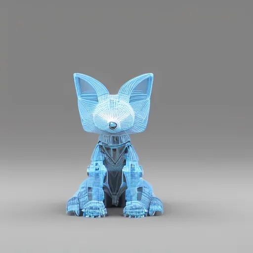 Prompt: a 3 d printed robot that resembles a fox, 3 d render, post processing, cinmatic lightning