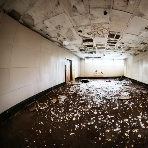 Prompt: abandoned filthy bathroom maze in a massive room, bright halogen lights, wide angle lens photography