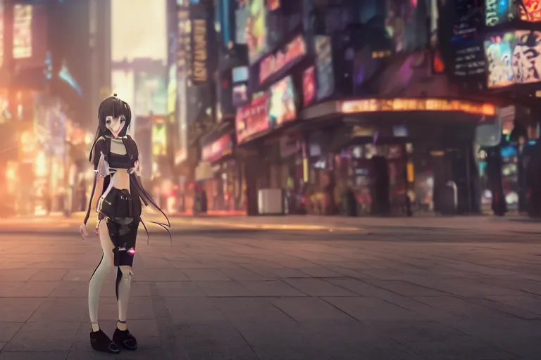 Prompt: professional close-up photo of an anime girl with long hair on the busy streets of a dystopian futuristic city with pedestrians, 4k, octane render, Unreal Engine