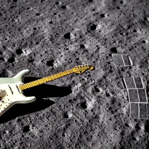 Prompt: real photo of a stratocaster electric guitar sitting idle on the moon. detailed. 8k