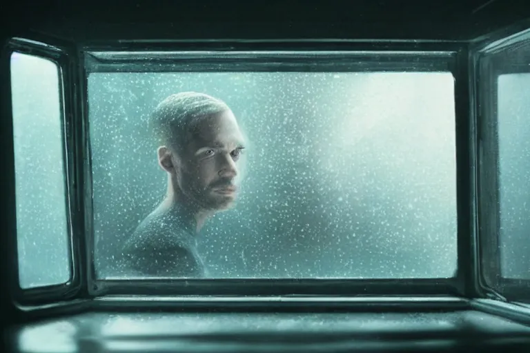 Image similar to a cinematic painting of an alien inside of spaceship looking out of a small rainy window, beautiful lighting, high depth, ultra realistic, artistic, by annie leibovitz and zack snyder