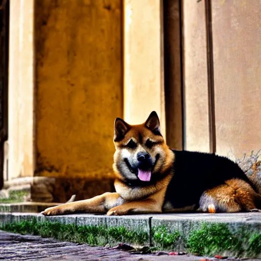 Image similar to shiba inu german shepherd mix dog lying on the street in ancient florence, high quality digital art, cinematic lighting, moody lighting