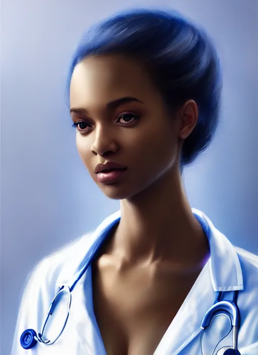 Prompt: half body portrait of young black woman as a doctor, blue scrubs and white coat, intricate, beautiful and elegant, highly detailed, digital painting, artstation, concept art, smooth, sharp focus, illustration, art by wlop, mars ravelo and greg rutkowski