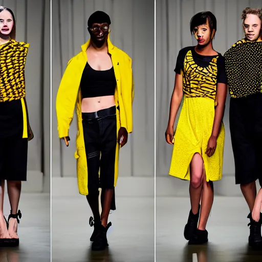 Image similar to brutalist fashion incorporating black and yellow, fashion show, studio lighting