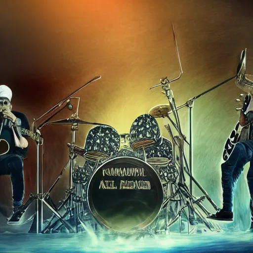 Prompt: khamenei playing drums in heavy metal band in heaven, high definition, trending on artstation, unreal engine, photorealistic, high resolution,, trending on deviantart, hdr, hyper detailed, insane details, intricate, elite, ornate, elegant, luxury, dramatic lighting, 1 0 6 6 3 8 1 0 9 0