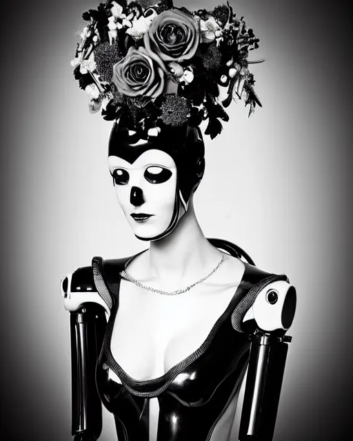 Image similar to dreamy surreal poetic black and white photo of a beautiful young bio-mechanical-female-cyborg-plastic-robot with a very long neck and a super big gothic lace collar and a very high big floral crown with many black dry roses by Vivienne Westwood:: smoke, high fashion, haute couture, rococo, avant-garde, elegant, dreamy, hyper realistic, 150 mm lens, soft rim light, octane render, unreal engine, picture was taken in 1910 by Dora Maar, volumetric lighting, dramatic light,8k,