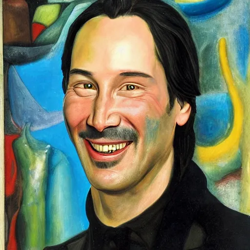 Image similar to a deliriously happy king Keanu Reeves, portrait oil painting by Otto Dix, oil on canvas (1921)