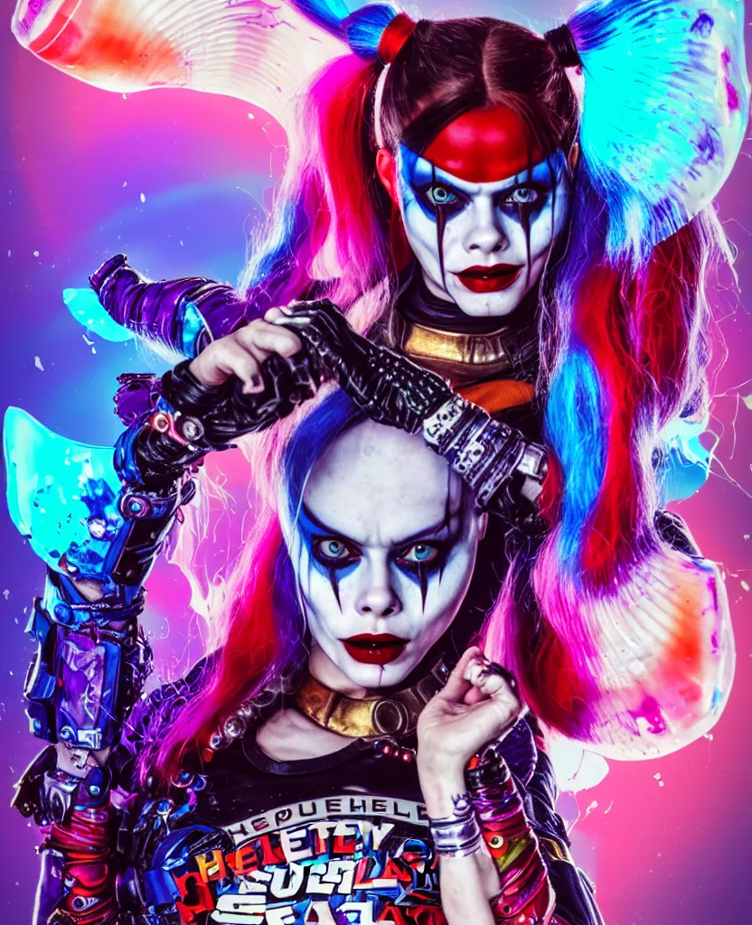 Prompt: Ornella Muti as Harley Quin (The Suicide Squad), epic angle and pose, symmetrical artwork, 3d with depth of field, blurred background, cybernetic jellyfish female face skull phoenix bird, translucent, nautilus, energy flows of water and fire. a highly detailed epic cinematic concept art CG render. made in Maya, Blender and Photoshop, octane render, excellent composition, cinematic dystopian brutalist atmosphere, dynamic dramatic cinematic lighting, aesthetic, very inspirational, arthouse. y Greg Rutkowski, Ilya Kuvshinov, WLOP, Stanley Artgerm Lau, Ruan Jia and Fenghua Zhong