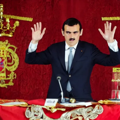 Image similar to pedro sanchez ( president of spain ) dressed as dracula at a press conference