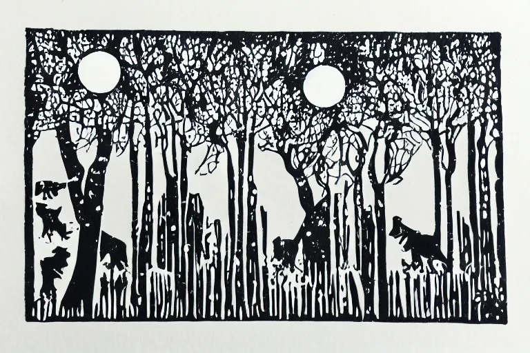 Image similar to werewolves in a winter forest, reaction diffusion linocut