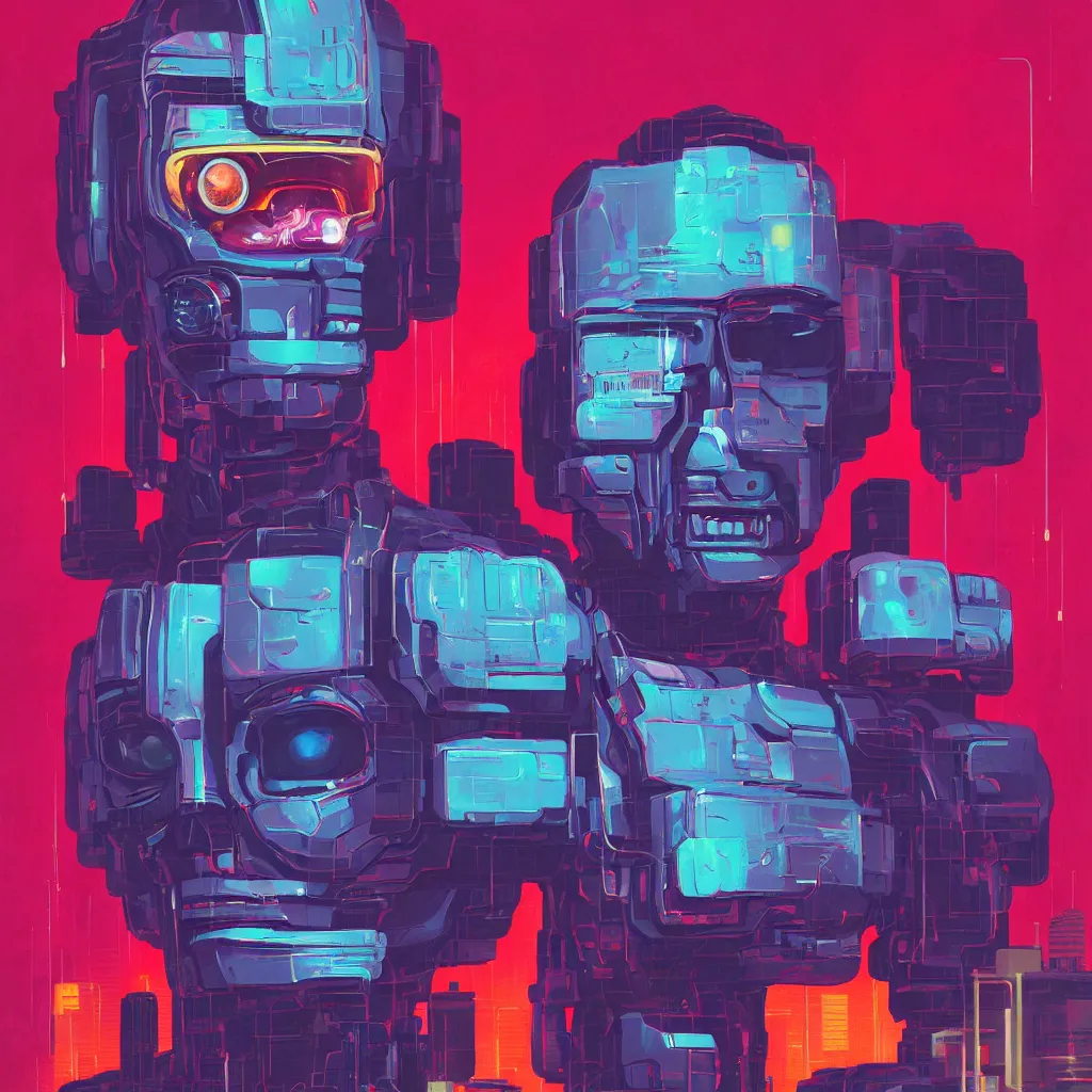 Prompt: a graph - style gouache impasto huge robot head, cyberpunk art by by james gilleard, katsuhiro tomo, cgsociety, retrofuturism, synthwave, retrowave, outrun