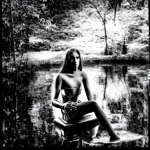 Image similar to portrait of a stunning female cyborg, ex machina, sitting in a pond, in the style of sally mann, photograph, black and white