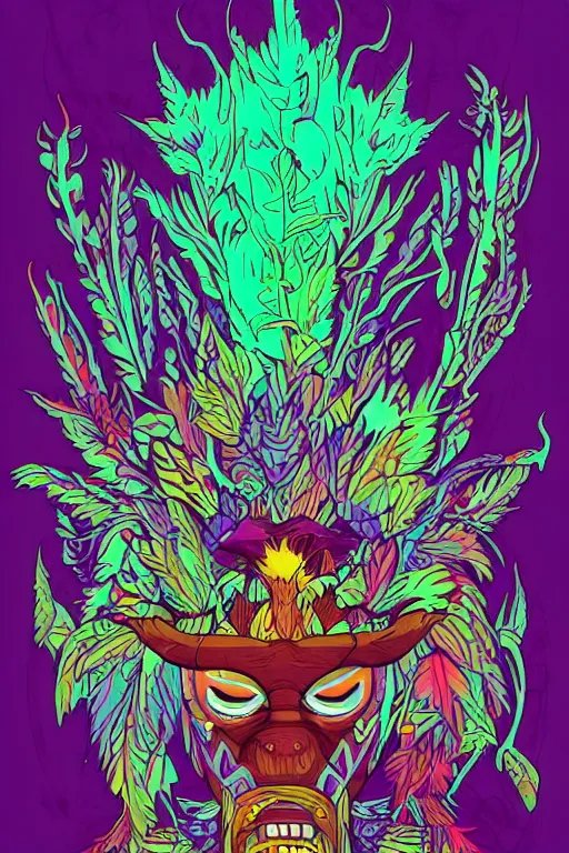 Image similar to animal mask totem roots flower tribal feather gemstone plant wood rock shaman vodoo video game vector cutout illustration vivid multicolor borderlands comics by josan gonzales and dan mumford radiating a glowing aura