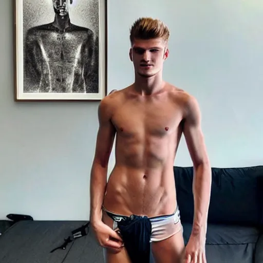 Image similar to a realistic detailed photo of a guy who is an attractive humanoid who is half robot and half humanoid, who is a male android, soccer player timo werner, shiny skin, posing like a statue, blank stare, in a living room, on display, showing off his muscles, with a twin