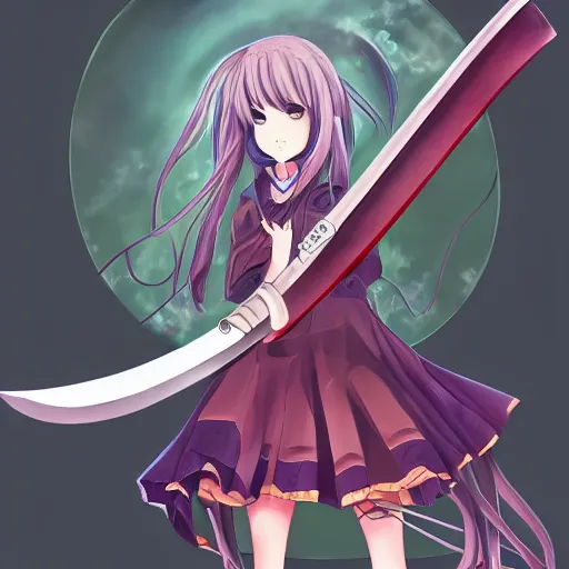 Prompt: digital art of an anime girl holding a giant sword, trending on artstation, detailed anime copic art, Prismacolor