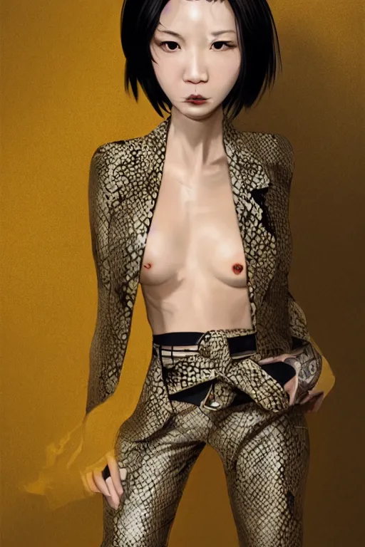 Image similar to yakuza slim girl, gold suit jacket in snake print, jacket over bare torso, yakuza tattoo Irezumi on body, black short curtain haircut, black leather pants with black belt, portrait, beautiful face, elegant, 2d, ultra highly detailed, digital painting, smooth, sharp focus, artstation, art by Ilya Kuvshinov, rossdraws