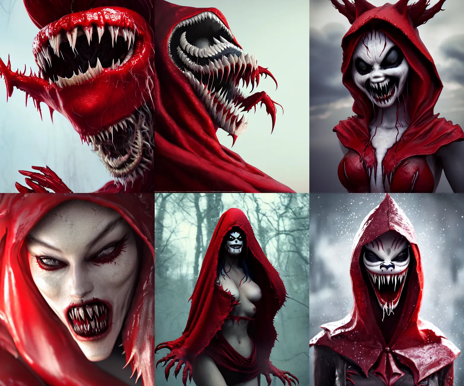 Prompt: incredibly realistic, too detailed face of adult red riding hood woman, venom fangs, carnage fangs, octane render, bump mapping, macro image, global illumination, 8 k, bokeh, enki bilal, yuji himukai, jen zee, peter mohrbacher