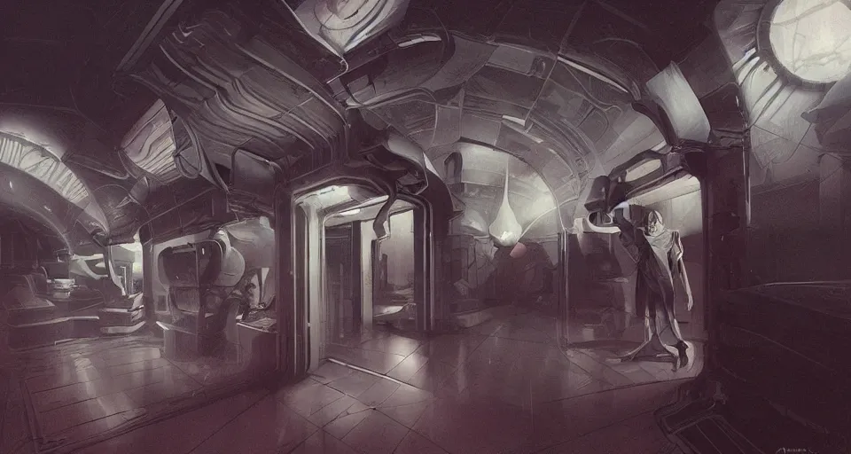 Prompt: a liminal space, creepy, eerie and strange, concept art by artgerm, syd mead and frank lloyd wright
