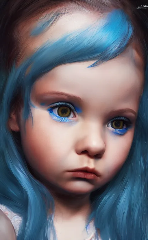 Image similar to little angry girl with blue hair, by Ilya Bondar, 4k, digital art, ultra realistic, ultra detailed, concept art, trending on artstation