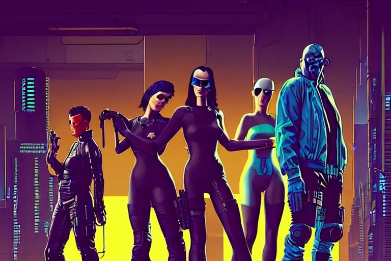 Prompt: cyberpunk heist crew. portrait by stonehouse and mœbius and will eisner and gil elvgren and pixar. character design. realistic proportions. dystopian. cyberpunk 2 0 7 7, apex, blade runner 2 0 4 9 concept art. cel shading. attractive face. thick lines. hi def 4 k. the team. detailed characters.