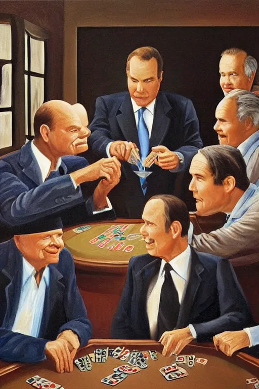 Prompt: don rickles and norm macdonald and johnny carson and bob saget are playing poker in a smokey old pub, oil painting by wilson mclean, sharp focus, masterpiece, highly detailed