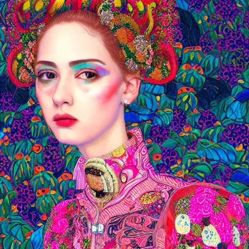 Prompt: a portrait of a stunningly beautiful young punk woman in highly detailed gucci blouse ( no gucci logo ) bright pop colors ultra realistic digital painting, rococo, japonisme, artstation, concept art, pop, smooth, sharp focus, illustration, art by gustav klimt and lisa frank