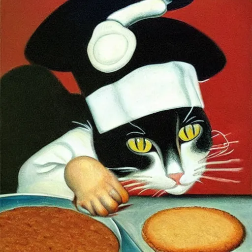 Prompt: a highly detailed painting of a cat with a chef hat baking cookies, done in the style of matisse, caravaggio