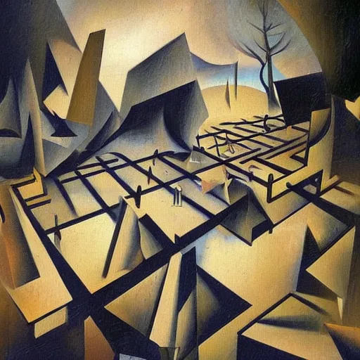 Image similar to cubist painting of ephemeral souls wandering in cemetary shaped like a spiralling maze, cgsociety, masterpiece, art, artwork, oil on canvas