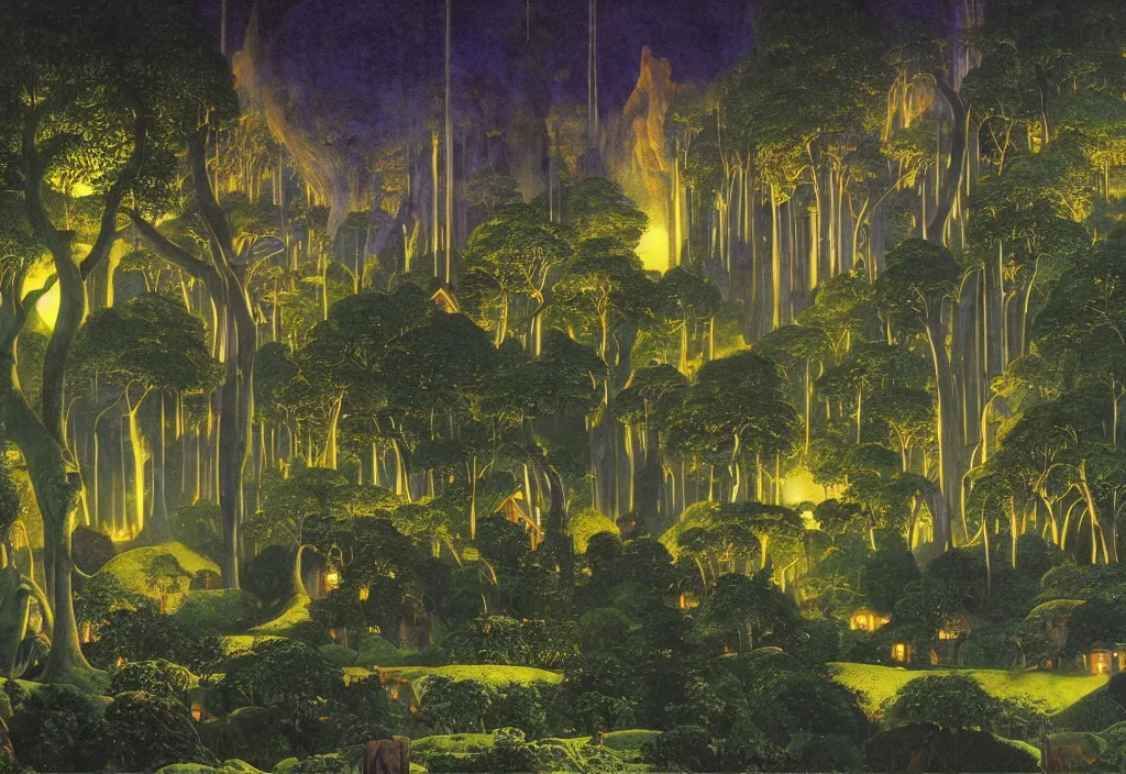 Image similar to Lothlorien at night, elven forest town with houses in the trees, as painted by Maxfield Parrish, Roger Dean