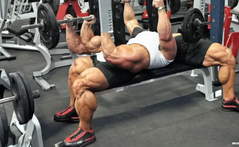 Image similar to arnold schwarzenegger benching 4 0 5 pounds on bench press, hyper realistic, 8 k