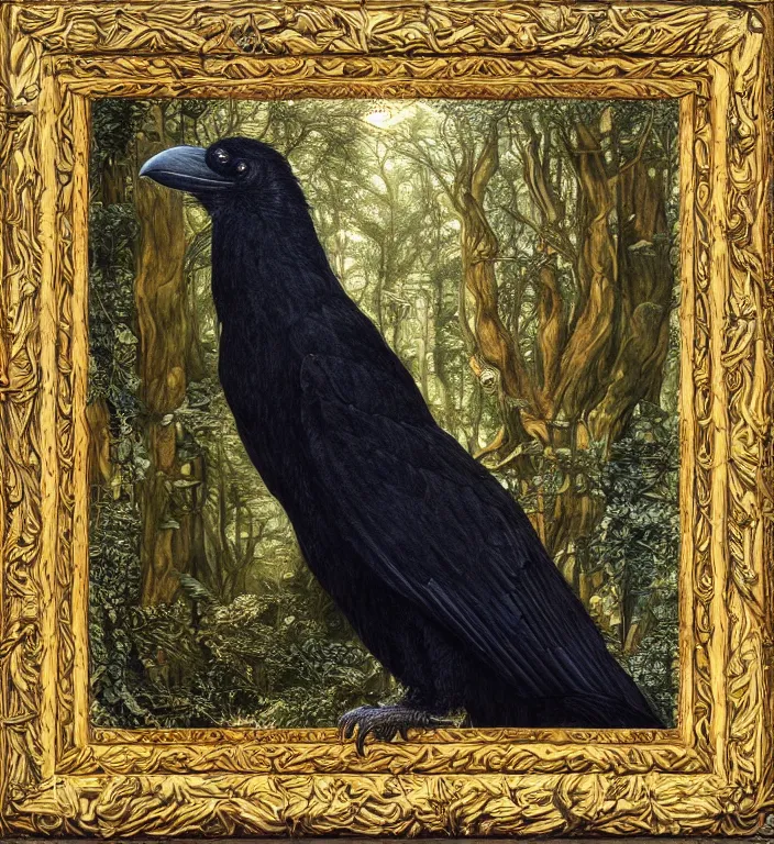 Prompt: a breathtakingly stunningly pre raphaelite beautifully highly detailed close up animal portrait of a majestic raven, in an forest arch with smokey water reflections, framed, by rosetti and devinci and morris and walter crane and michael cheval and sidney cooper and turner, 4 k
