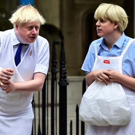 Image similar to boris johnson looking sad while wearing a maid costume