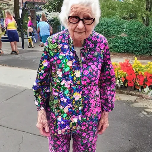 Prompt: an elderly woman dressed in extremely colorful clothes with floral patterns