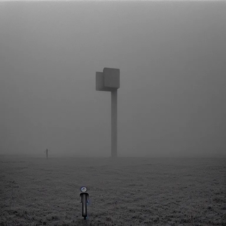 Image similar to a sole angular lanky liminal observer droid, in a brutalist yet rural landscape by simon stalenhag, 3 5 mm film photography, dawn, eerie fog