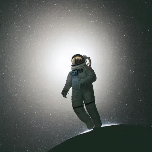 Image similar to photograph of an astronaut against the pitch black darkness of space, full body photo, lit from below, amazing light and shadow contrast,, 8 k