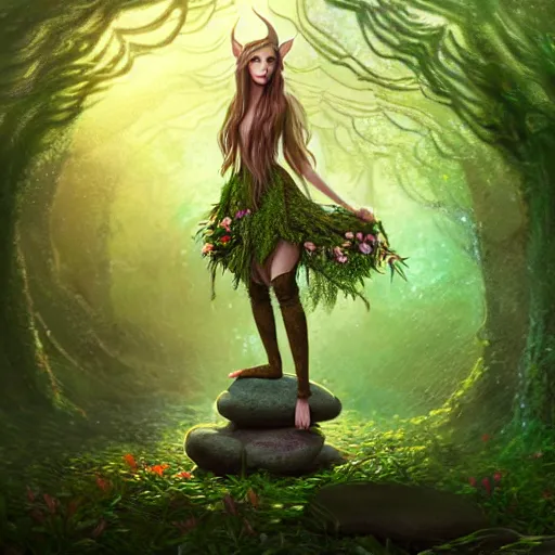 Image similar to a picture of a forest elf clothed in flowers and leaves standing on a stone in an enchanted forest, high fantasy, elegant, epic, detailed, intricate, digital painting, concept art, realistic, smooth, focus, rim light,