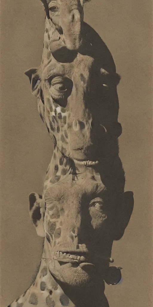 Image similar to soldier with the head of a giraffe and the body of an orangutan