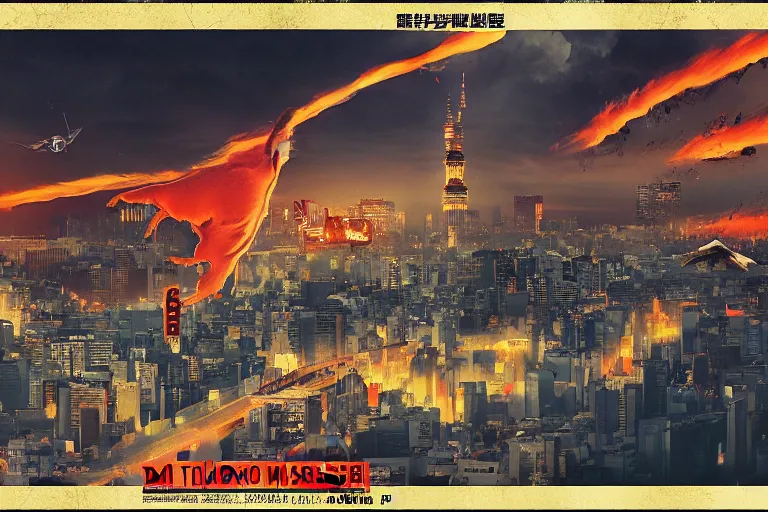 Image similar to cat attacking Tokyo, disaster movie poster, masterpiece, masterwork, cgstudio