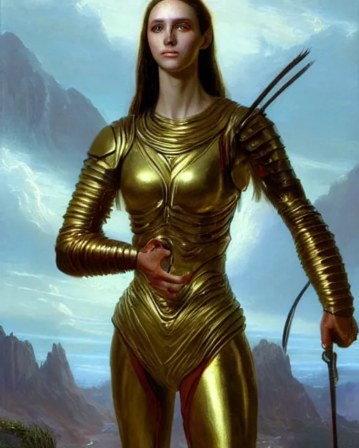 Prompt: a beautiful female warrior, half body portrait, fit body, long flowing hair, golden armour, realistic oil painting by thomas cole and wayne barlowe