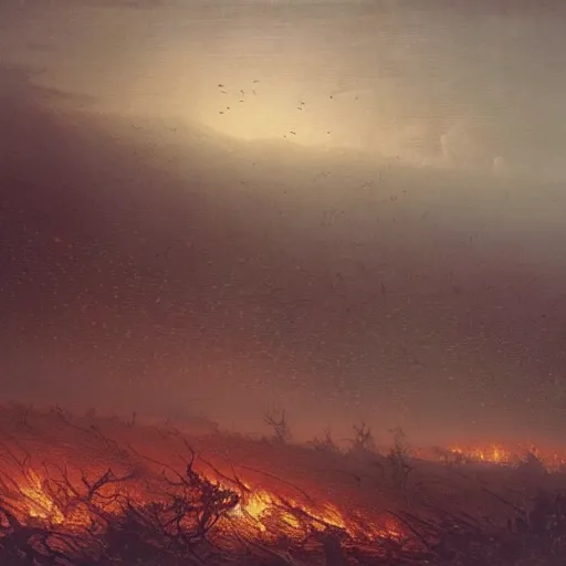 Image similar to a plague of locusts over burning forest and meadows on fire. desolate landscape. fields on fire. greg rutkowski gustave dore caspar david friedrich dystopian hyperdetailed landscape. millions of tiny locusts in the sky