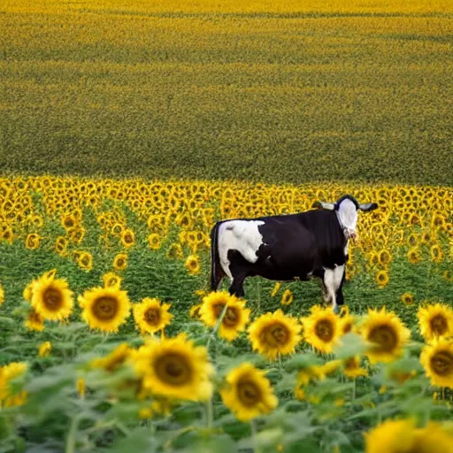 Image similar to Johnny Depp riding a cow in a sunflower field at dawn