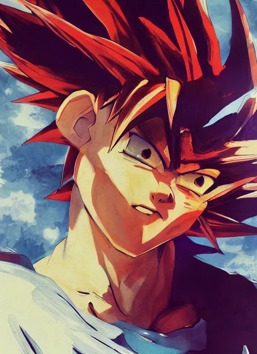 Image similar to semi reallistic gouache gesture painting, by yoshitaka amano, by ruan jia, by Conrad roset, by dofus online artists, detailed anime 3d render of goku KID super Saiyan, young goku blond,crono, Dragon Quest, crono, goku, portrait, cgsociety, artstation, rococo mechanical, Digital reality, sf5 ink style, dieselpunk atmosphere, gesture drawn