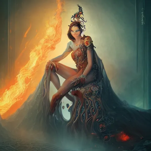 Image similar to a necromancer woman seated on her throne of sorcery and power with flames in her 2 eyes. by anna dittmann, trending on art station, intricate detail, highly detailed, atmospheric