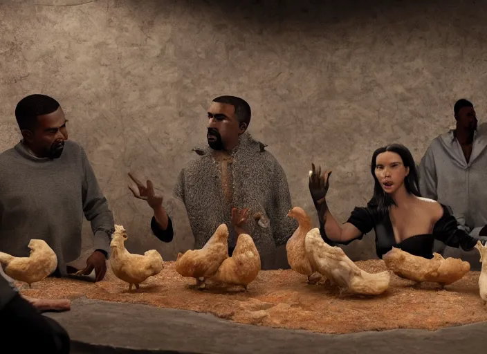 Prompt: detailed studio photography of a claymation diorama of kanye west hosting a party for chicken, zeiss lens, detailed, by erwin olaf, joop geesink, wes anderson, jim henson, brian froud, breathtaking, 8 k resolution, beautiful lighting, studio light, extremely detailed, establishing shot, realistic materials, hyperrealistic